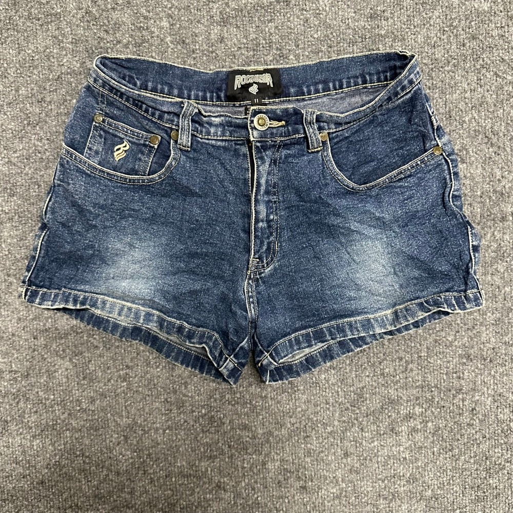 Rocawear Denim Shorts Womens Size 11 Blue Y2K Dark Wash Stretch Embroidered Logo
